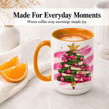 #pl[15oz|Orange] Christmas Book Tree Accent Mug, Ceramic Coffee Cup for Readers