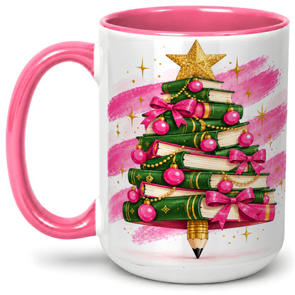 #pl[15oz|Pink] Christmas Book Tree Accent Mug, Ceramic Coffee Cup for Readers