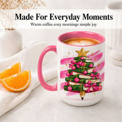 #pl[15oz|Pink] Christmas Book Tree Accent Mug, Ceramic Coffee Cup for Readers