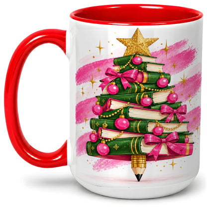 #pl[15oz|Red] Christmas Book Tree Accent Mug, Ceramic Coffee Cup for Readers
