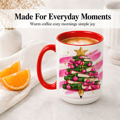 #pl[15oz|Red] Christmas Book Tree Accent Mug, Ceramic Coffee Cup for Readers