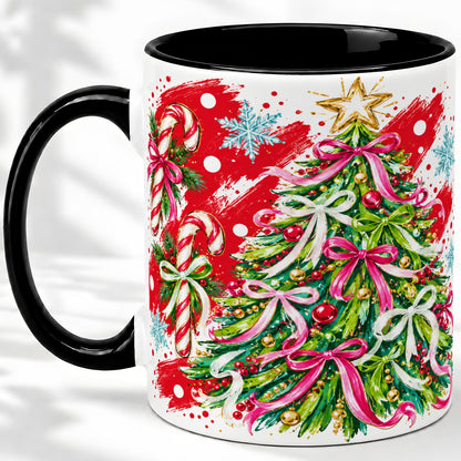 #pl[11oz|Black] Pink Bow Christmas Tree Accent Mug, Ceramic Holiday Coffee Cup