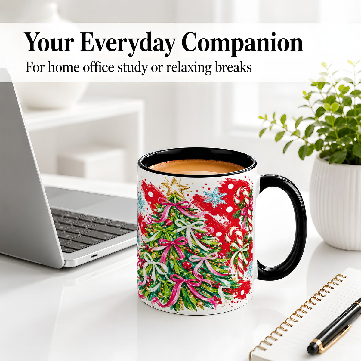 #pl[11oz|Black] Pink Bow Christmas Tree Accent Mug, Ceramic Holiday Coffee Cup