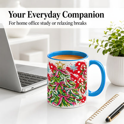#pl[11oz|Blue] Pink Bow Christmas Tree Accent Mug, Ceramic Holiday Coffee Cup