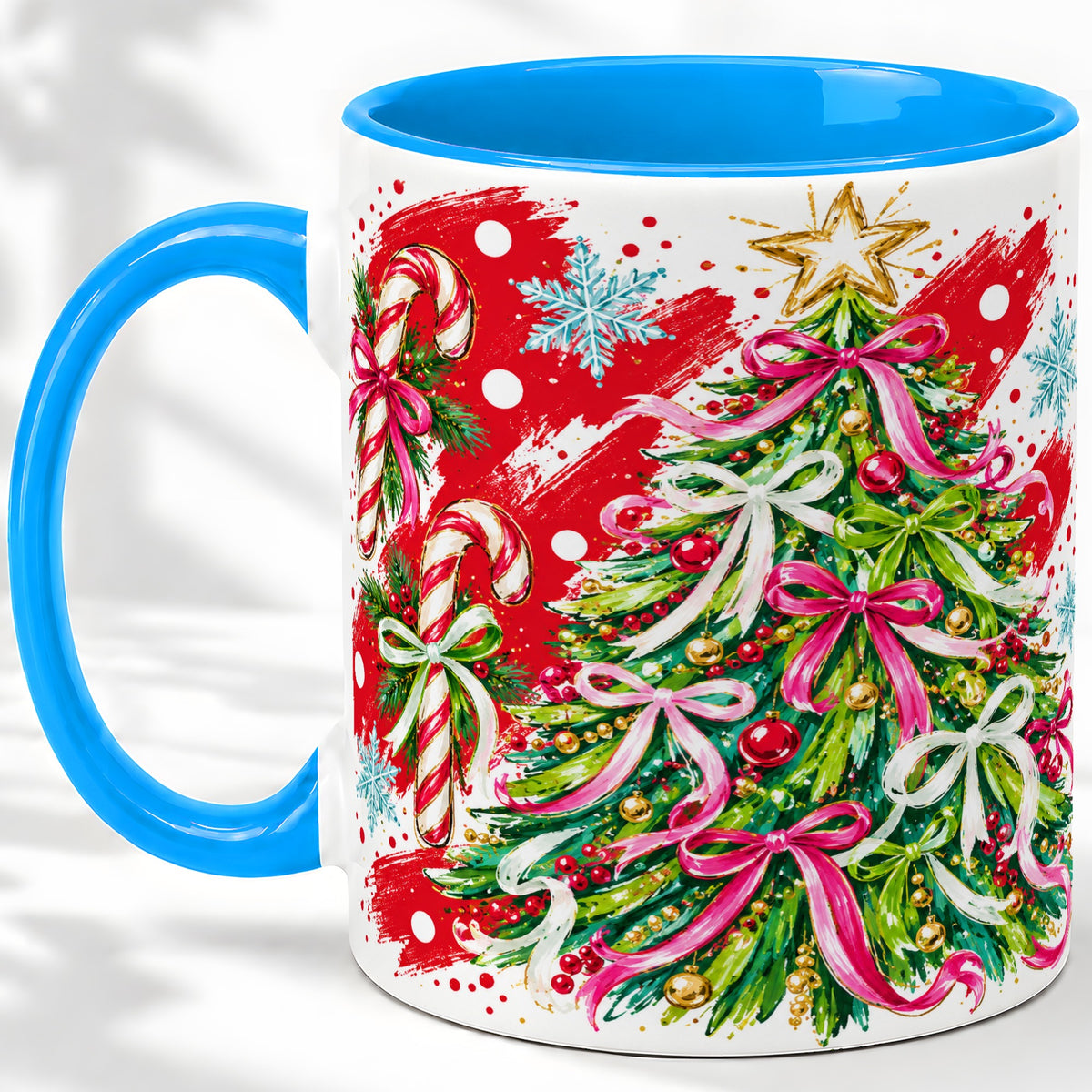 #pl[11oz|Blue] Pink Bow Christmas Tree Accent Mug, Ceramic Holiday Coffee Cup