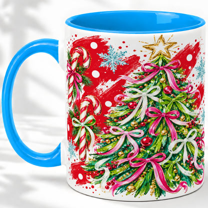 #pl[11oz|Blue] Pink Bow Christmas Tree Accent Mug, Ceramic Holiday Coffee Cup