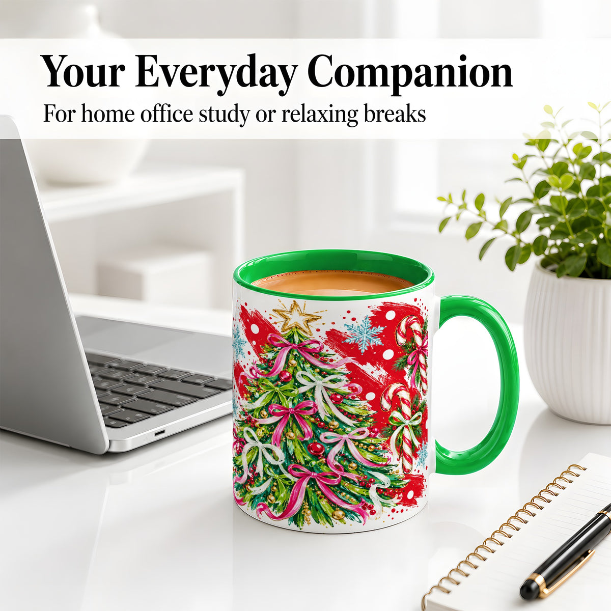#pl[11oz|Green] Pink Bow Christmas Tree Accent Mug, Ceramic Holiday Coffee Cup