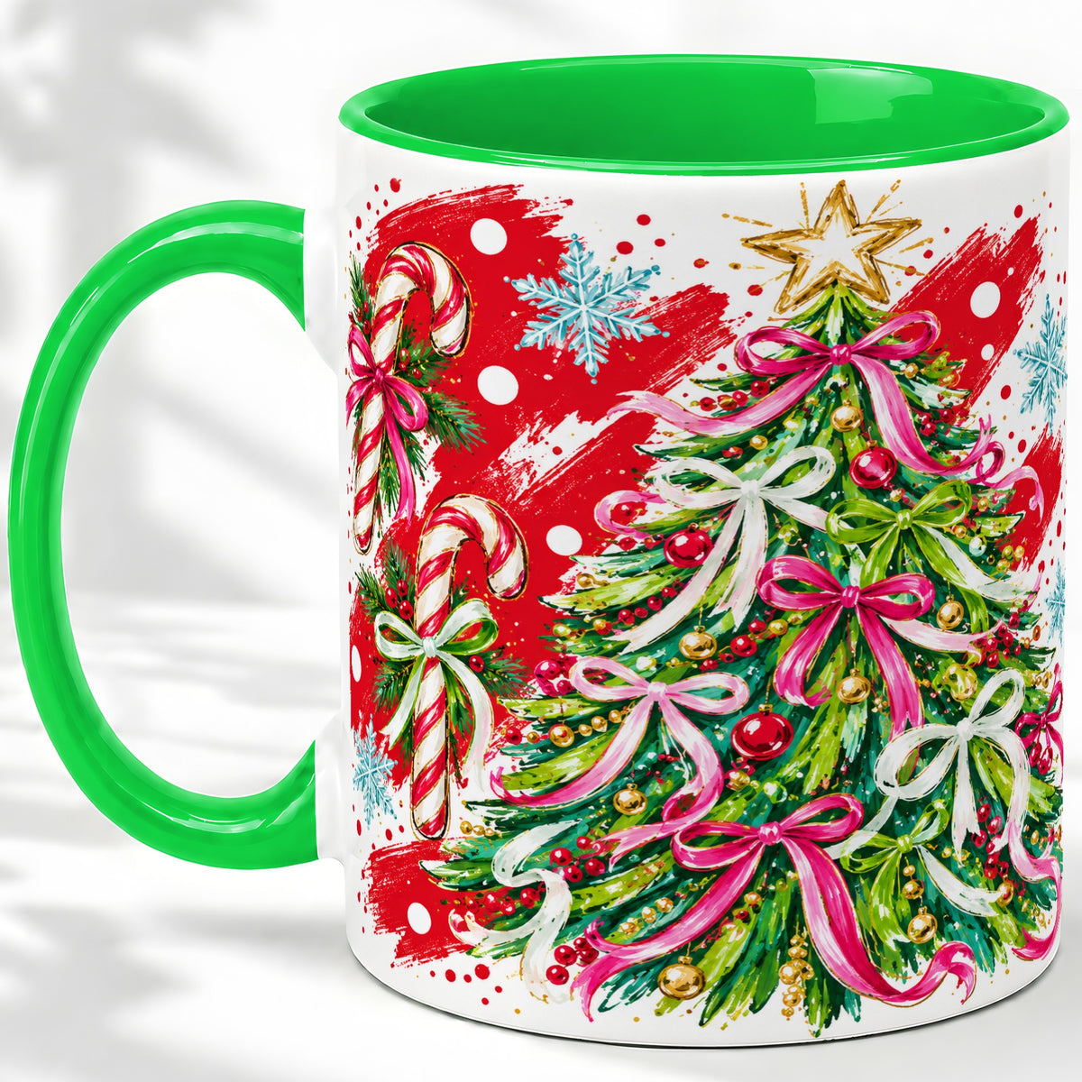 #pl[11oz|Green] Pink Bow Christmas Tree Accent Mug, Ceramic Holiday Coffee Cup