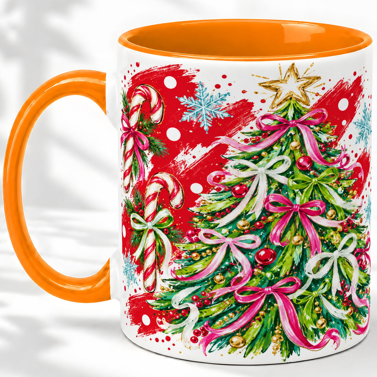 #pl[11oz|Orange] Pink Bow Christmas Tree Accent Mug, Ceramic Holiday Coffee Cup