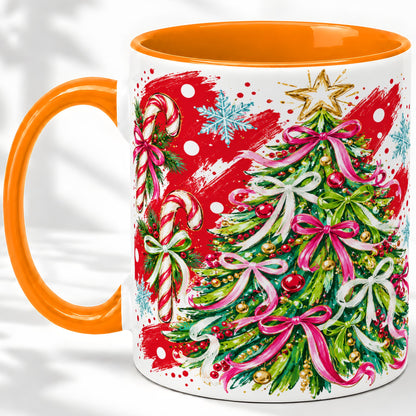 #pl[11oz|Orange] Pink Bow Christmas Tree Accent Mug, Ceramic Holiday Coffee Cup