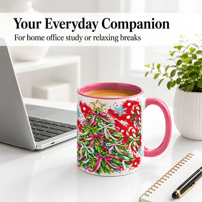 #pl[11oz|Pink] Pink Bow Christmas Tree Accent Mug, Ceramic Holiday Coffee Cup