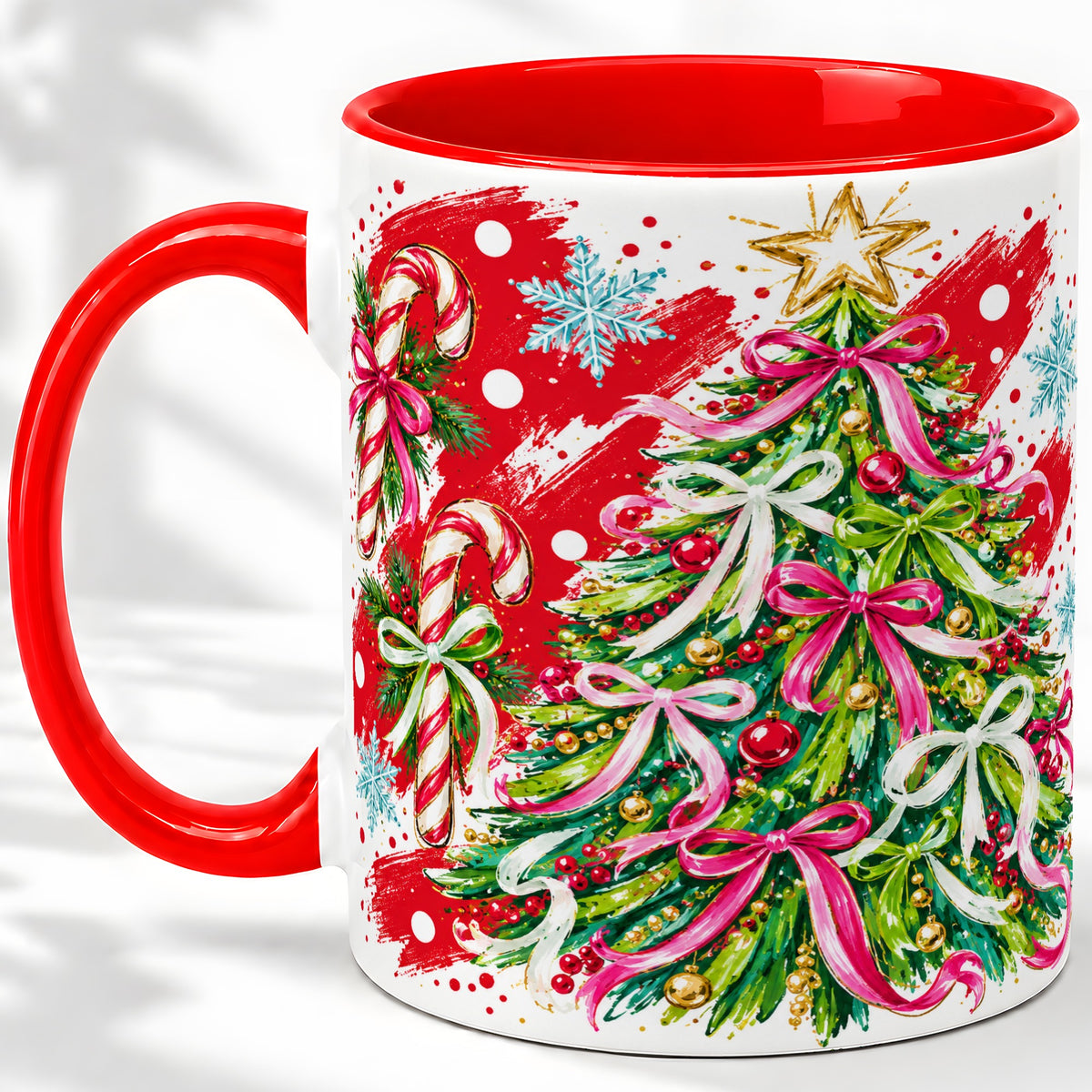 Pink Bow Christmas Tree Accent Mug, Ceramic Holiday Coffee Cup