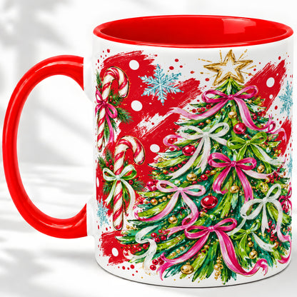Pink Bow Christmas Tree Accent Mug, Ceramic Holiday Coffee Cup