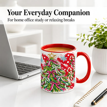 #pl[11oz|Red] Pink Bow Christmas Tree Accent Mug, Ceramic Holiday Coffee Cup
