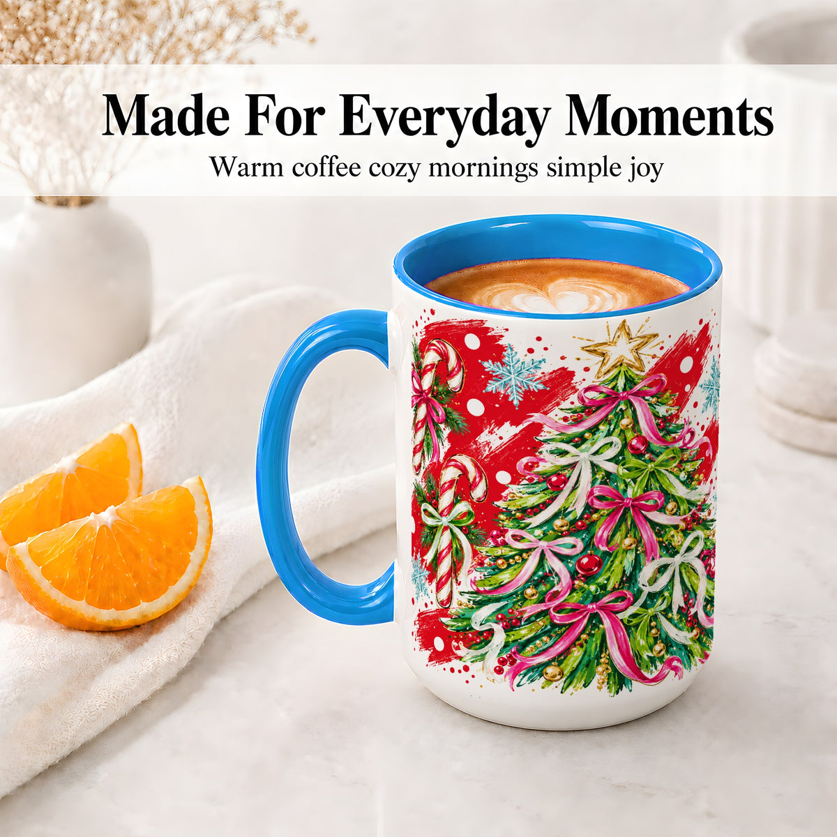 #pl[15oz|Blue] Pink Bow Christmas Tree Accent Mug, Ceramic Holiday Coffee Cup
