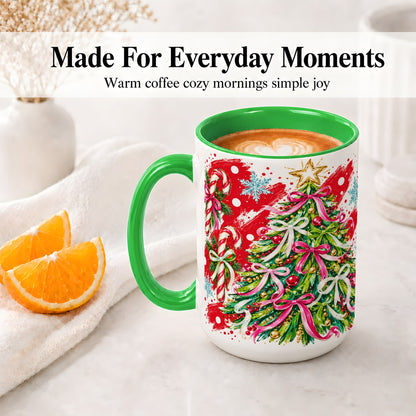#pl[15oz|Green] Pink Bow Christmas Tree Accent Mug, Ceramic Holiday Coffee Cup