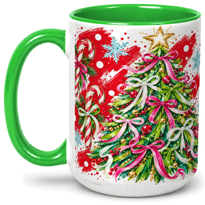 #pl[15oz|Green] Pink Bow Christmas Tree Accent Mug, Ceramic Holiday Coffee Cup