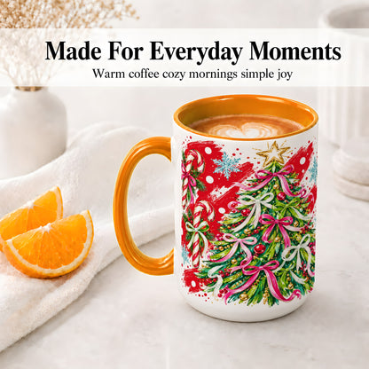 #pl[15oz|Orange] Pink Bow Christmas Tree Accent Mug, Ceramic Holiday Coffee Cup