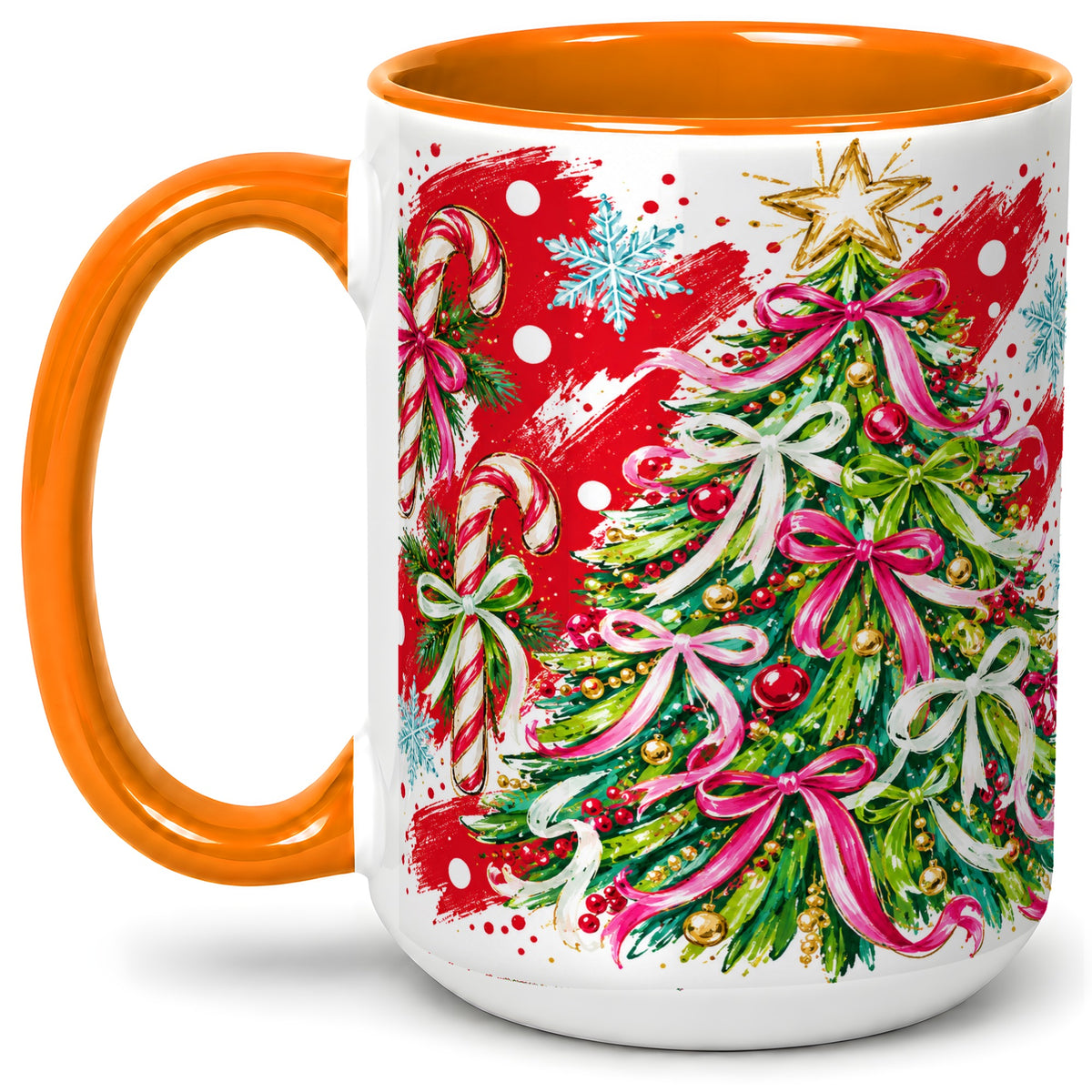 #pl[15oz|Orange] Pink Bow Christmas Tree Accent Mug, Ceramic Holiday Coffee Cup