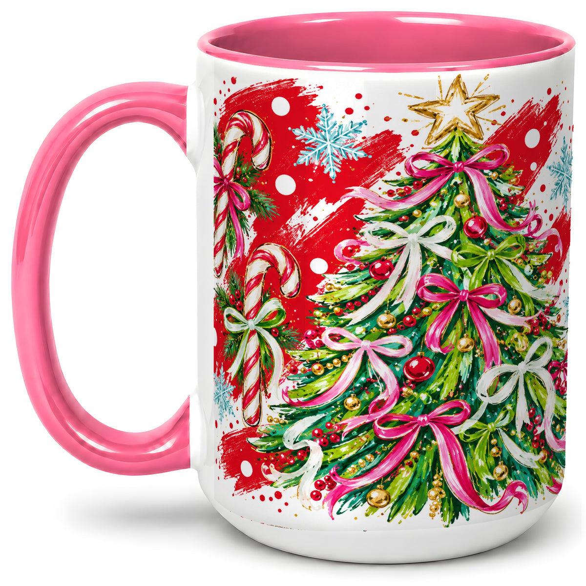 #pl[15oz|Pink] Pink Bow Christmas Tree Accent Mug, Ceramic Holiday Coffee Cup