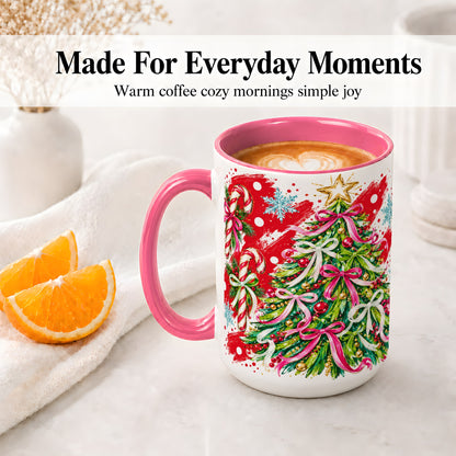 #pl[15oz|Pink] Pink Bow Christmas Tree Accent Mug, Ceramic Holiday Coffee Cup