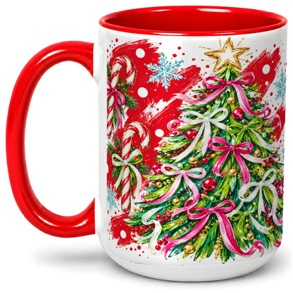 #pl[15oz|Red] Pink Bow Christmas Tree Accent Mug, Ceramic Holiday Coffee Cup