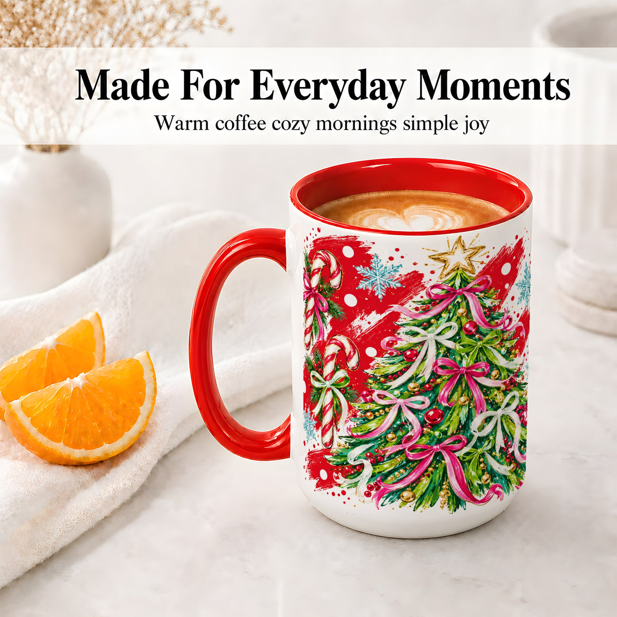 #pl[15oz|Red] Pink Bow Christmas Tree Accent Mug, Ceramic Holiday Coffee Cup