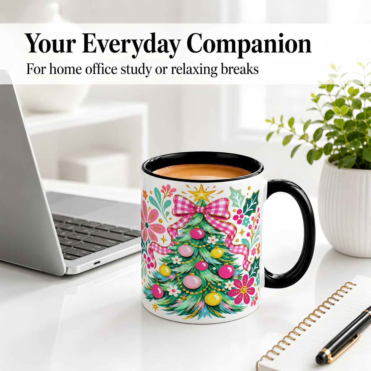 #pl[11oz|Black] Pink Gingham Christmas Tree Accent Mug, Ceramic Holiday Coffee Cup