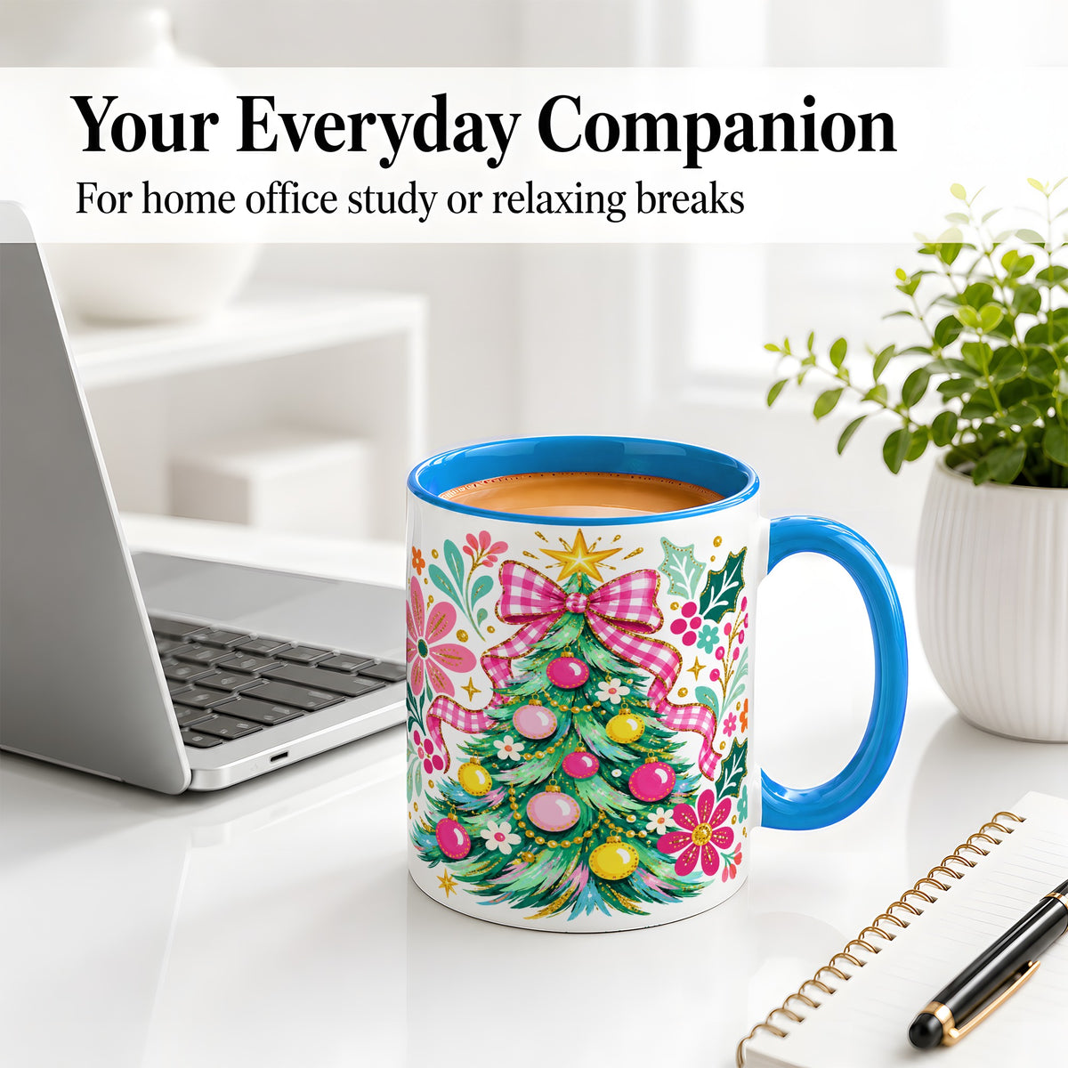 #pl[11oz|Blue] Pink Gingham Christmas Tree Accent Mug, Ceramic Holiday Coffee Cup
