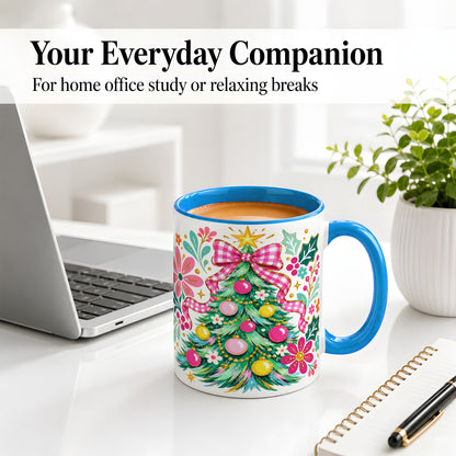 #pl[11oz|Blue] Pink Gingham Christmas Tree Accent Mug, Ceramic Holiday Coffee Cup