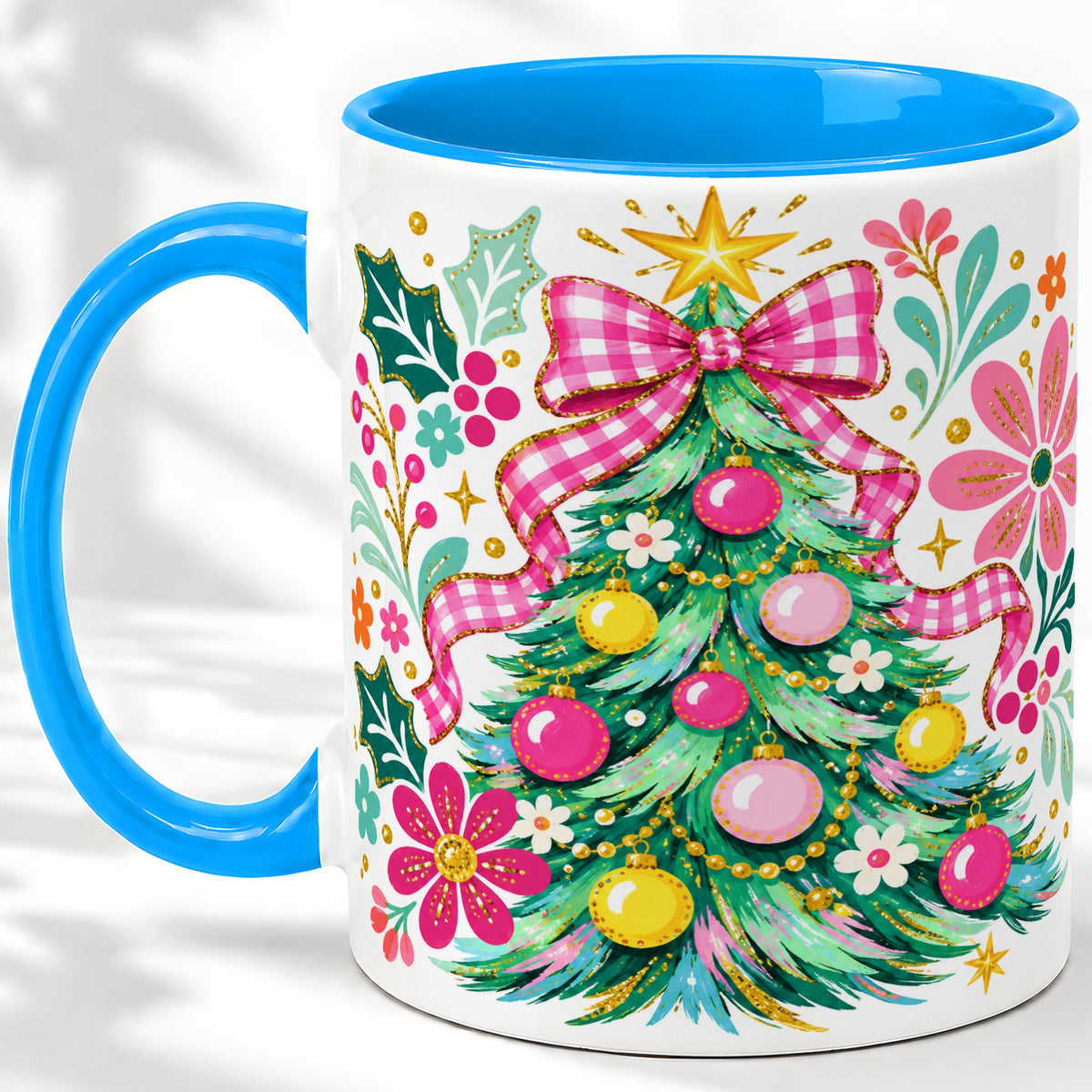 #pl[11oz|Blue] Pink Gingham Christmas Tree Accent Mug, Ceramic Holiday Coffee Cup