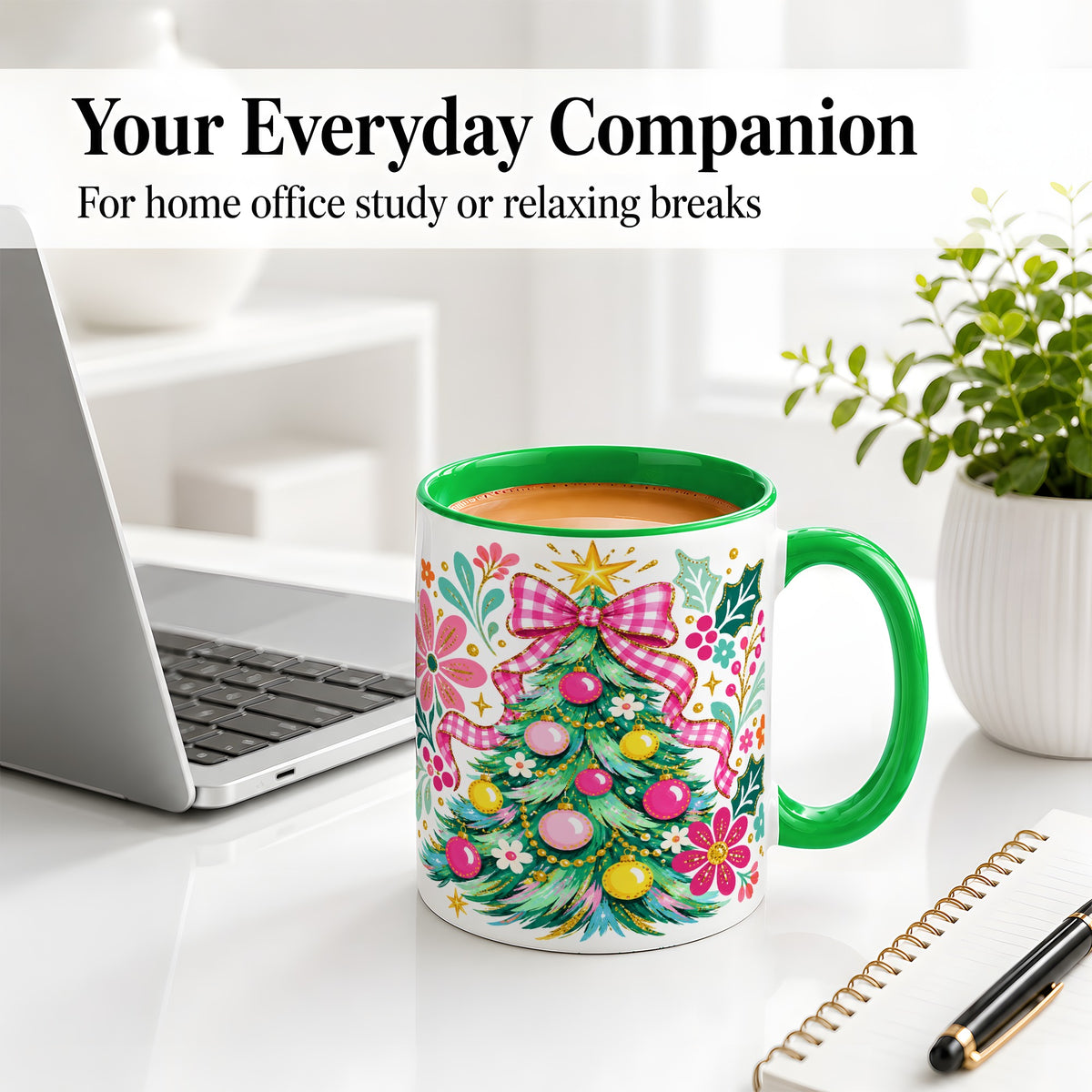 #pl[11oz|Green] Pink Gingham Christmas Tree Accent Mug, Ceramic Holiday Coffee Cup