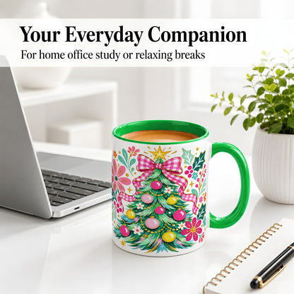 #pl[11oz|Green] Pink Gingham Christmas Tree Accent Mug, Ceramic Holiday Coffee Cup