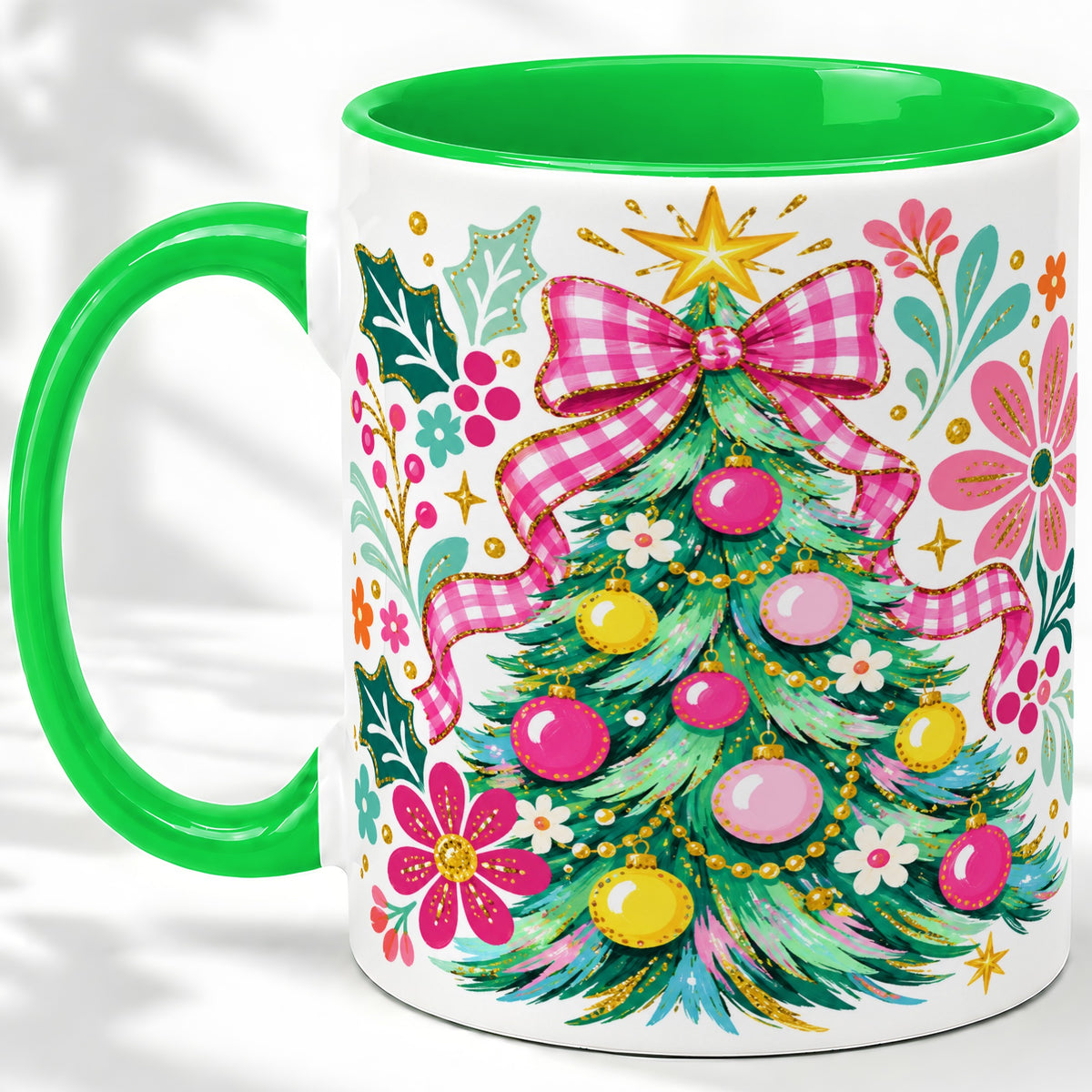 #pl[11oz|Green] Pink Gingham Christmas Tree Accent Mug, Ceramic Holiday Coffee Cup