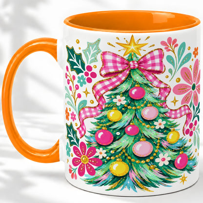 #pl[11oz|Orange] Pink Gingham Christmas Tree Accent Mug, Ceramic Holiday Coffee Cup
