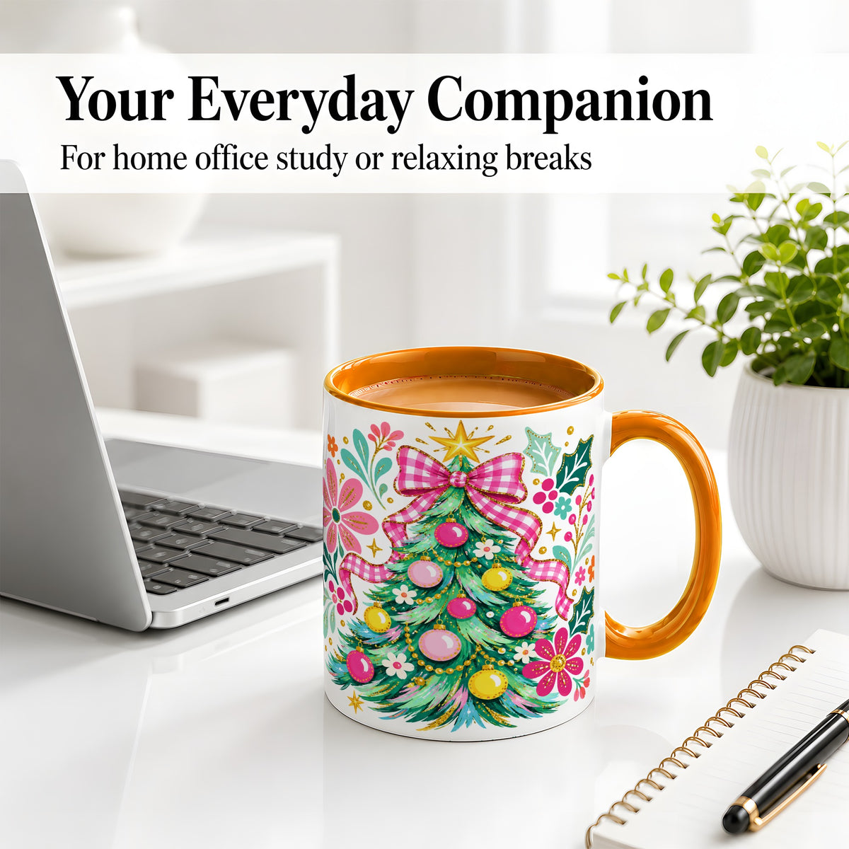 #pl[11oz|Orange] Pink Gingham Christmas Tree Accent Mug, Ceramic Holiday Coffee Cup
