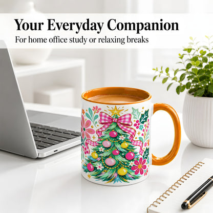 #pl[11oz|Orange] Pink Gingham Christmas Tree Accent Mug, Ceramic Holiday Coffee Cup