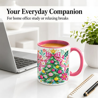 #pl[11oz|Pink] Pink Gingham Christmas Tree Accent Mug, Ceramic Holiday Coffee Cup