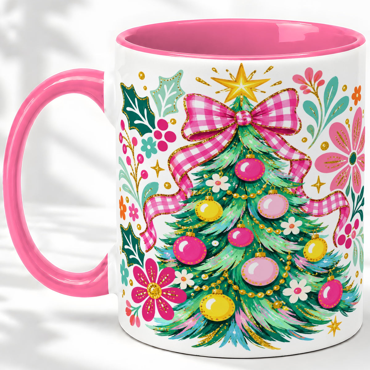 #pl[11oz|Pink] Pink Gingham Christmas Tree Accent Mug, Ceramic Holiday Coffee Cup