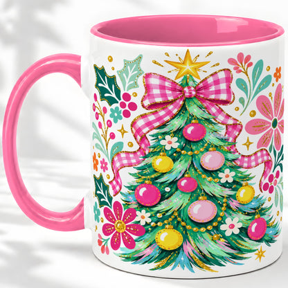 #pl[11oz|Pink] Pink Gingham Christmas Tree Accent Mug, Ceramic Holiday Coffee Cup