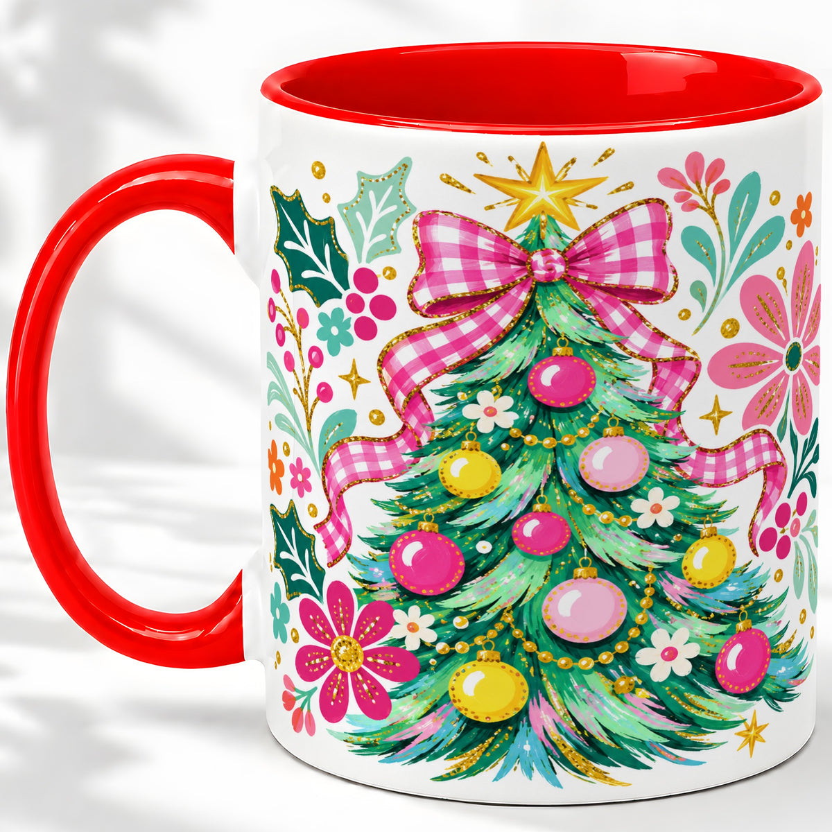 Pink Gingham Christmas Tree Accent Mug, Ceramic Holiday Coffee Cup