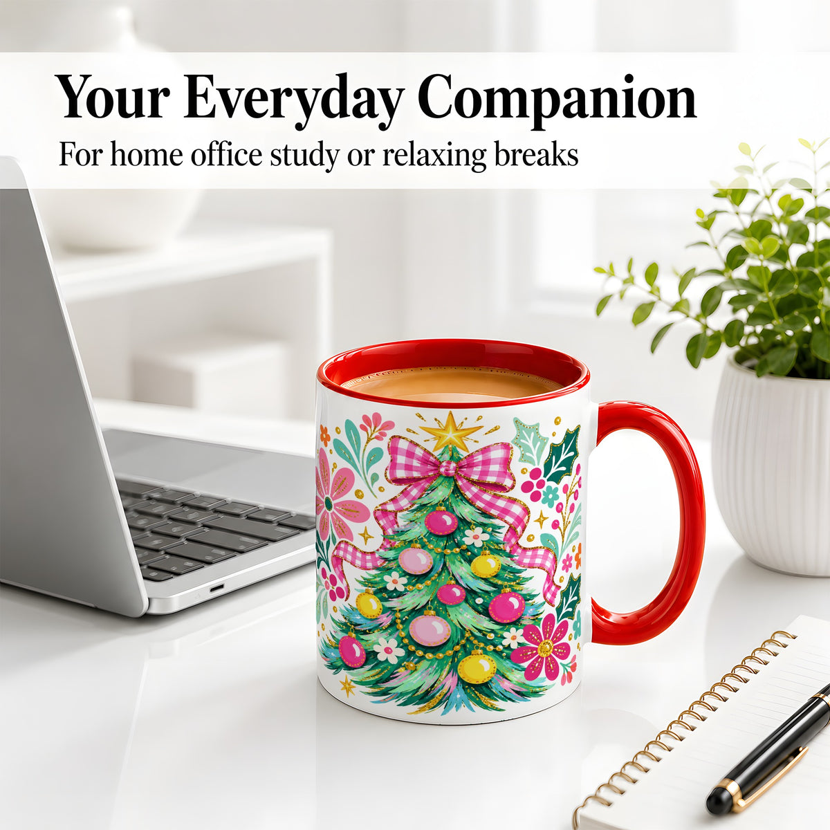 #pl[11oz|Red] Pink Gingham Christmas Tree Accent Mug, Ceramic Holiday Coffee Cup