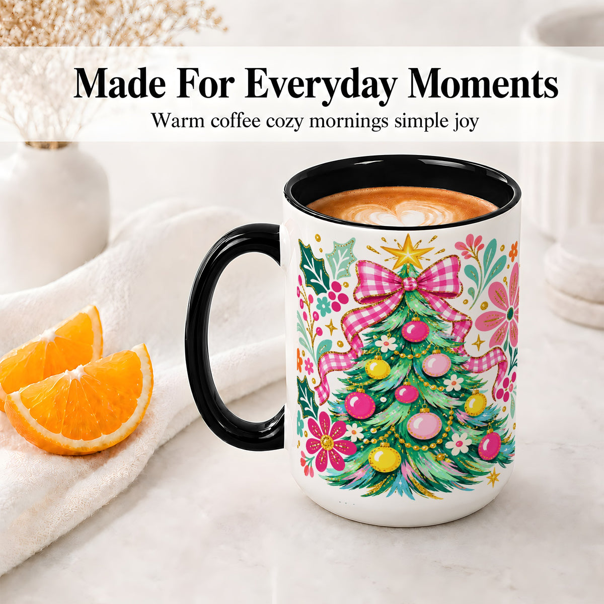 #pl[15oz|Black] Pink Gingham Christmas Tree Accent Mug, Ceramic Holiday Coffee Cup