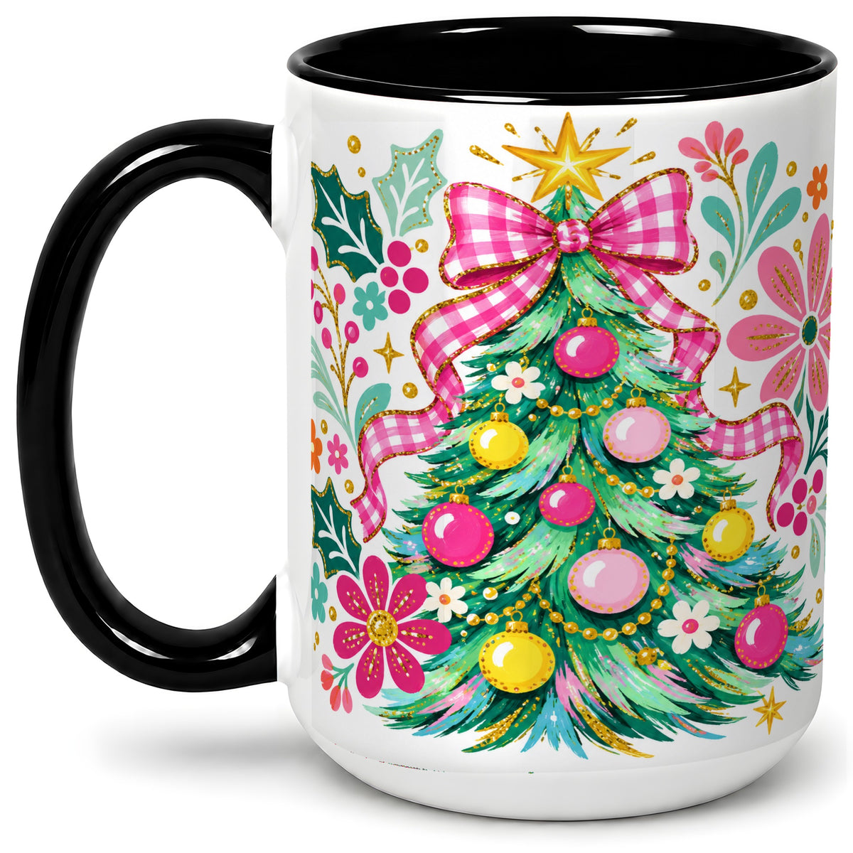 #pl[15oz|Black] Pink Gingham Christmas Tree Accent Mug, Ceramic Holiday Coffee Cup
