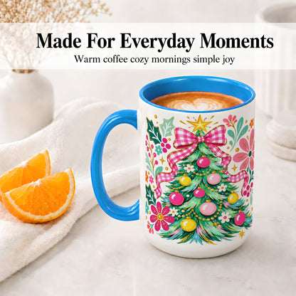 #pl[15oz|Blue] Pink Gingham Christmas Tree Accent Mug, Ceramic Holiday Coffee Cup