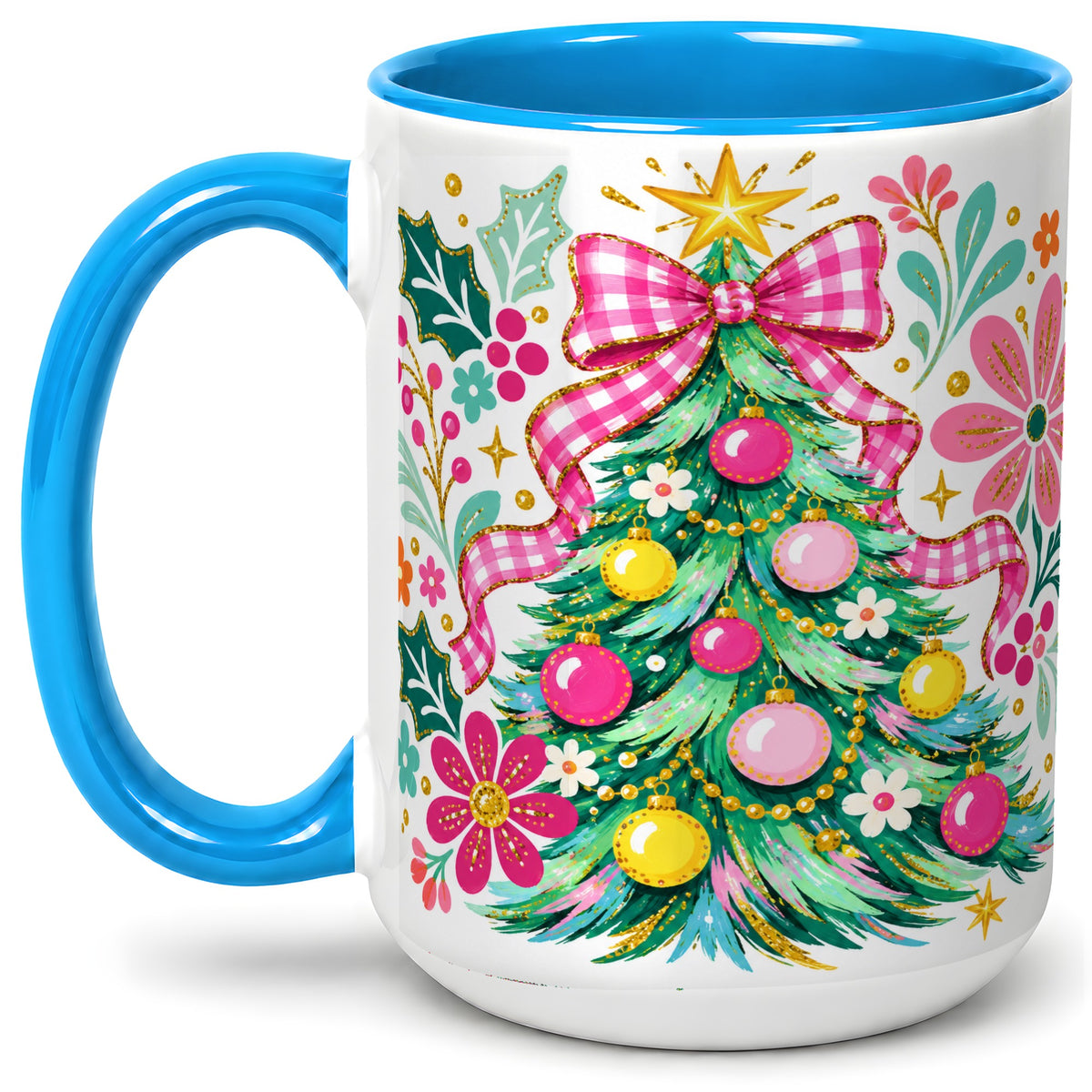 #pl[15oz|Blue] Pink Gingham Christmas Tree Accent Mug, Ceramic Holiday Coffee Cup