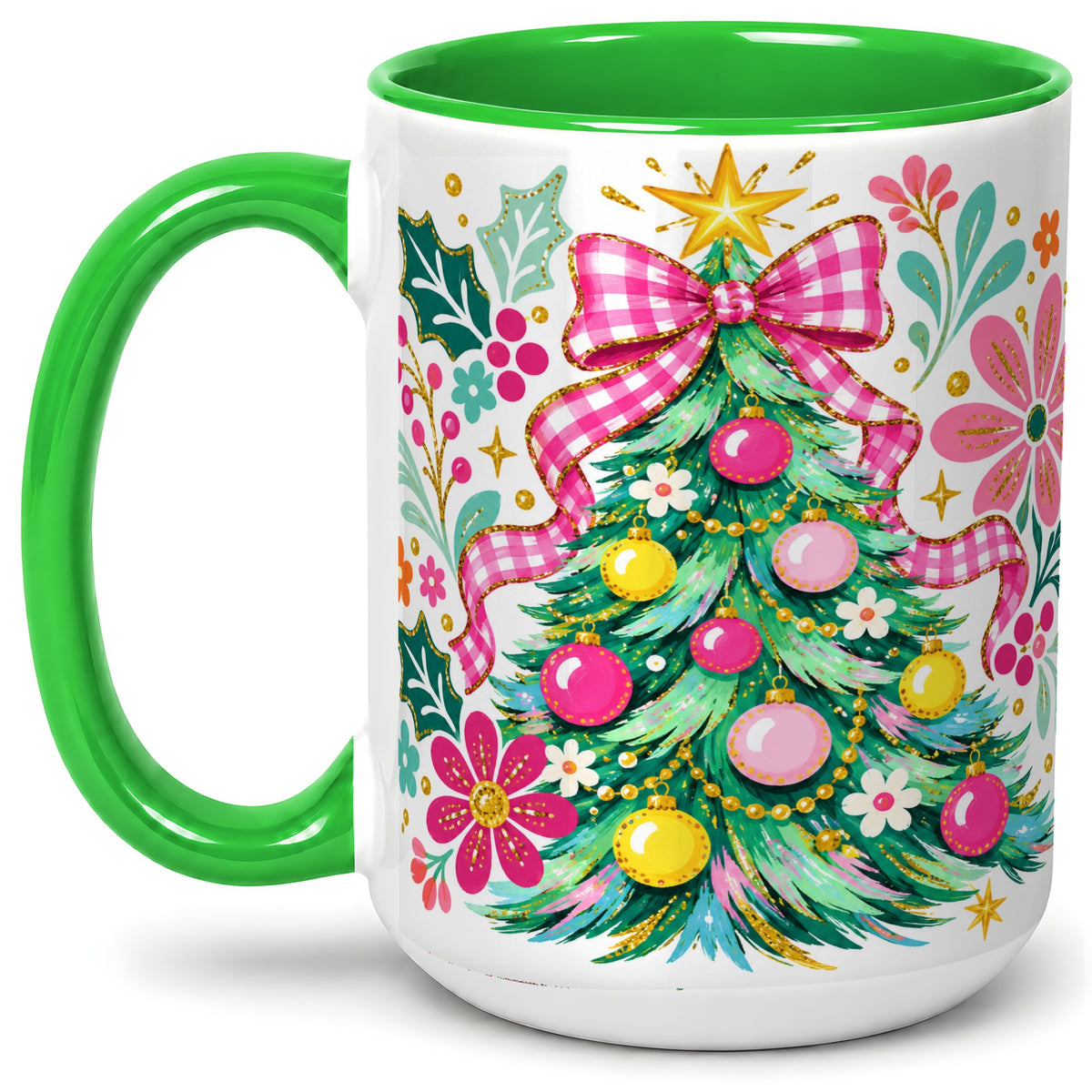 #pl[15oz|Green] Pink Gingham Christmas Tree Accent Mug, Ceramic Holiday Coffee Cup