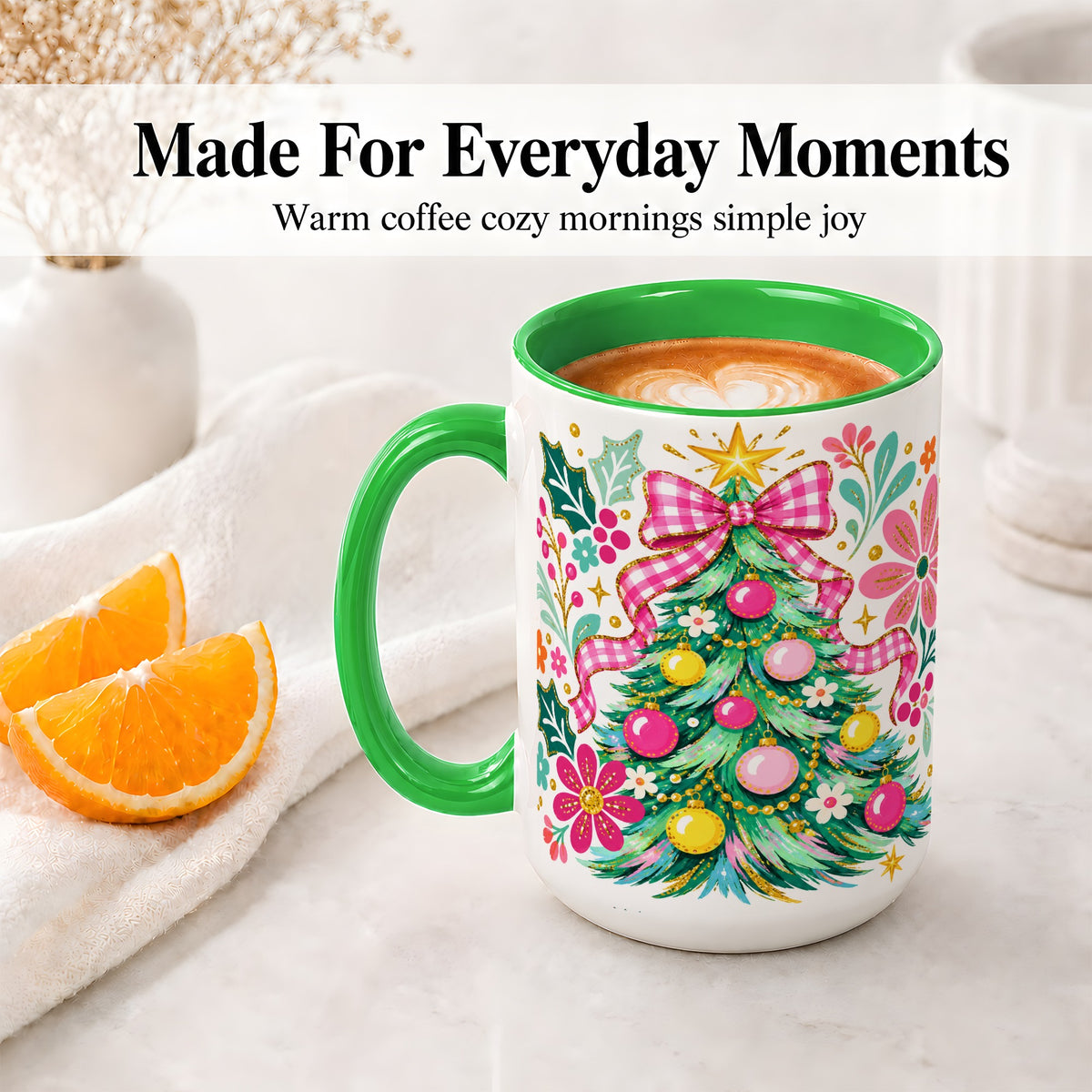 #pl[15oz|Green] Pink Gingham Christmas Tree Accent Mug, Ceramic Holiday Coffee Cup