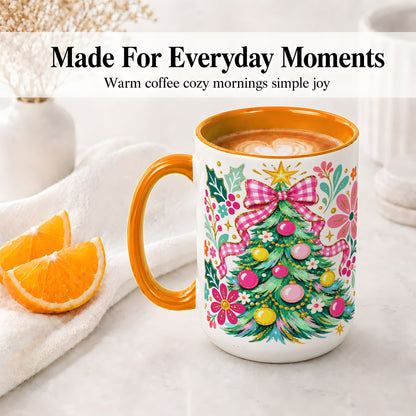 #pl[15oz|Orange] Pink Gingham Christmas Tree Accent Mug, Ceramic Holiday Coffee Cup