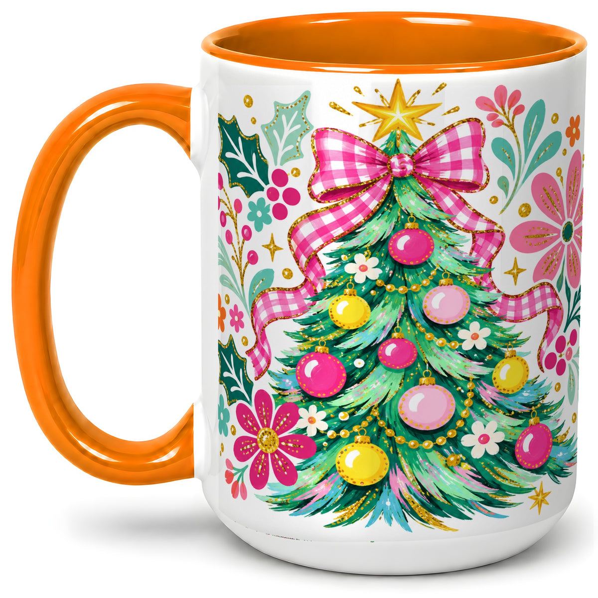 #pl[15oz|Orange] Pink Gingham Christmas Tree Accent Mug, Ceramic Holiday Coffee Cup